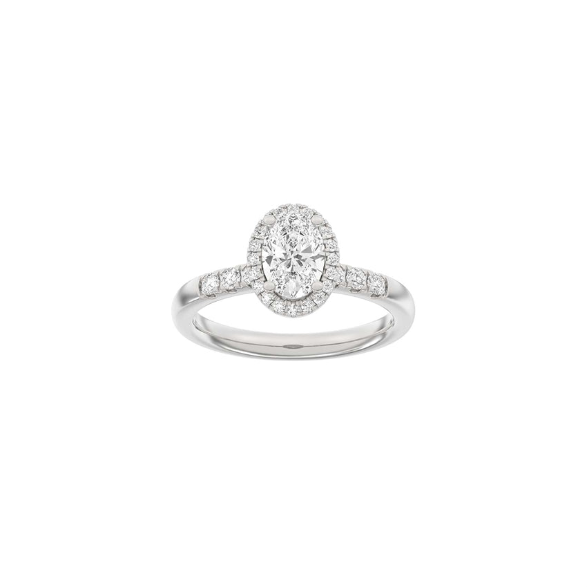 Siersbøl Halo-ring i 14 kt hvidguld med ovalt 1,32 ct lab-diamantcenter omgivet af halo.